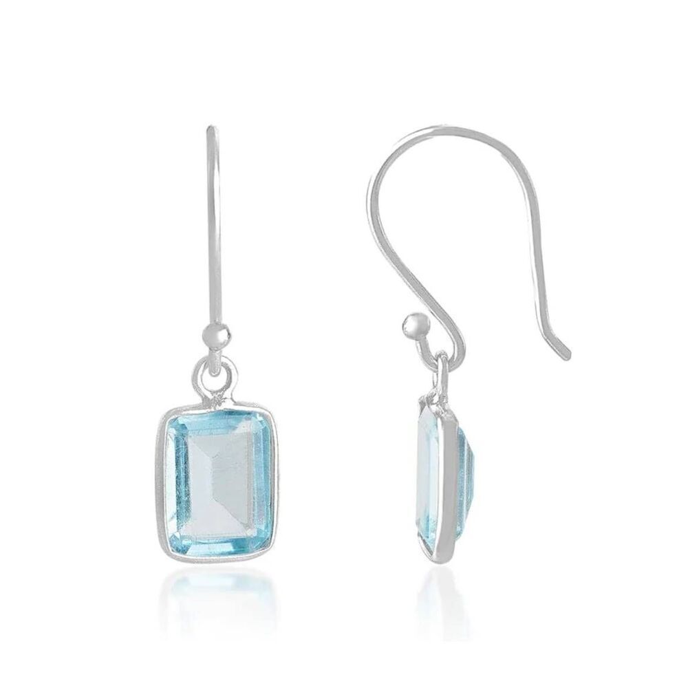 Pretty 2 Carat Emerald Cut & Faceted Blue Topaz Dangle Earrings - Picture 3 of 5